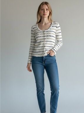 Kate Quinn White Long-Sleeve Top with Gold Polka Dots
